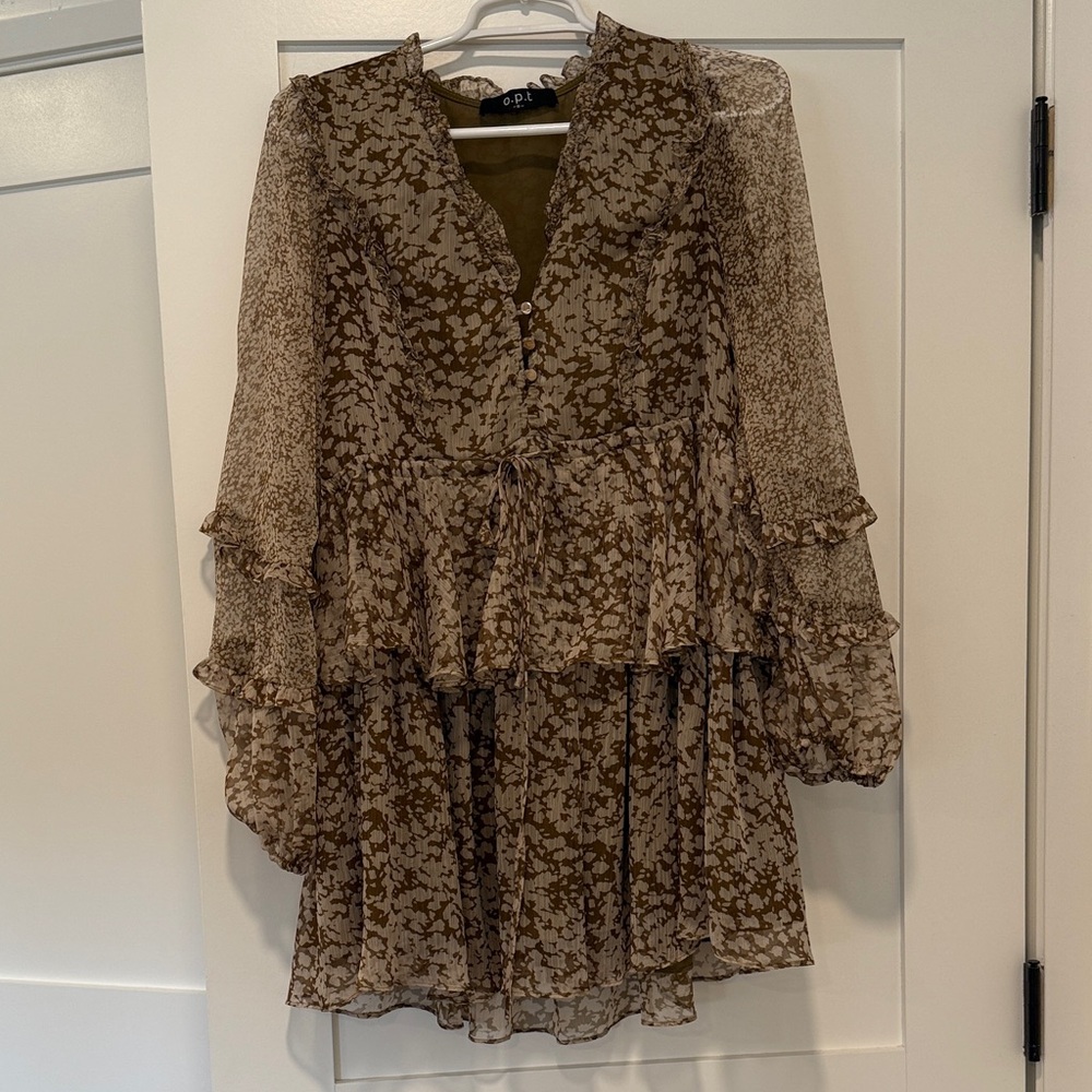 Tiered Mini Long Sleeve Beige/ Green Dress